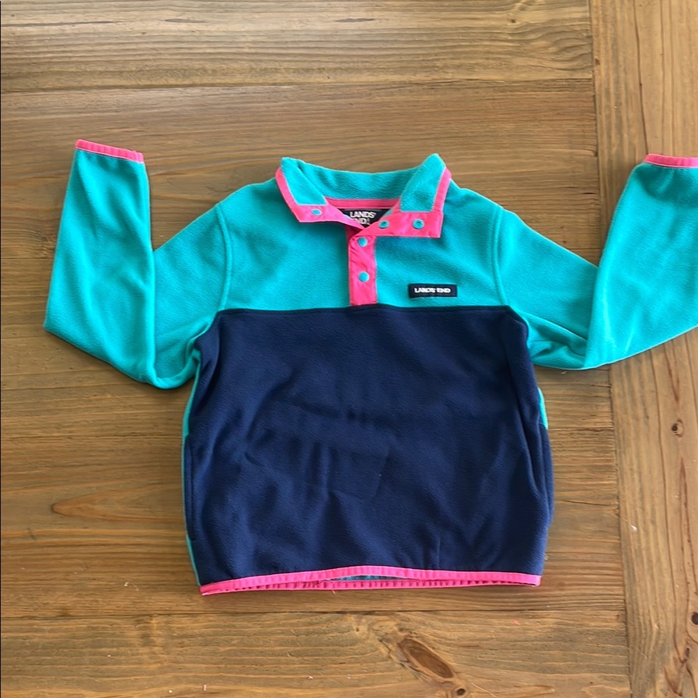 Lands' End Kids' Teal and Navy Fleece Pullover, Size 6-7